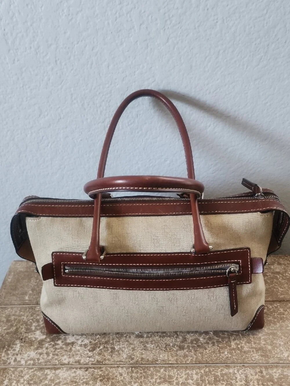 Dooney & Bourke Cream Canvas Satchel with Brown Leather Trim and Front Pockets - Picture 4 of 11